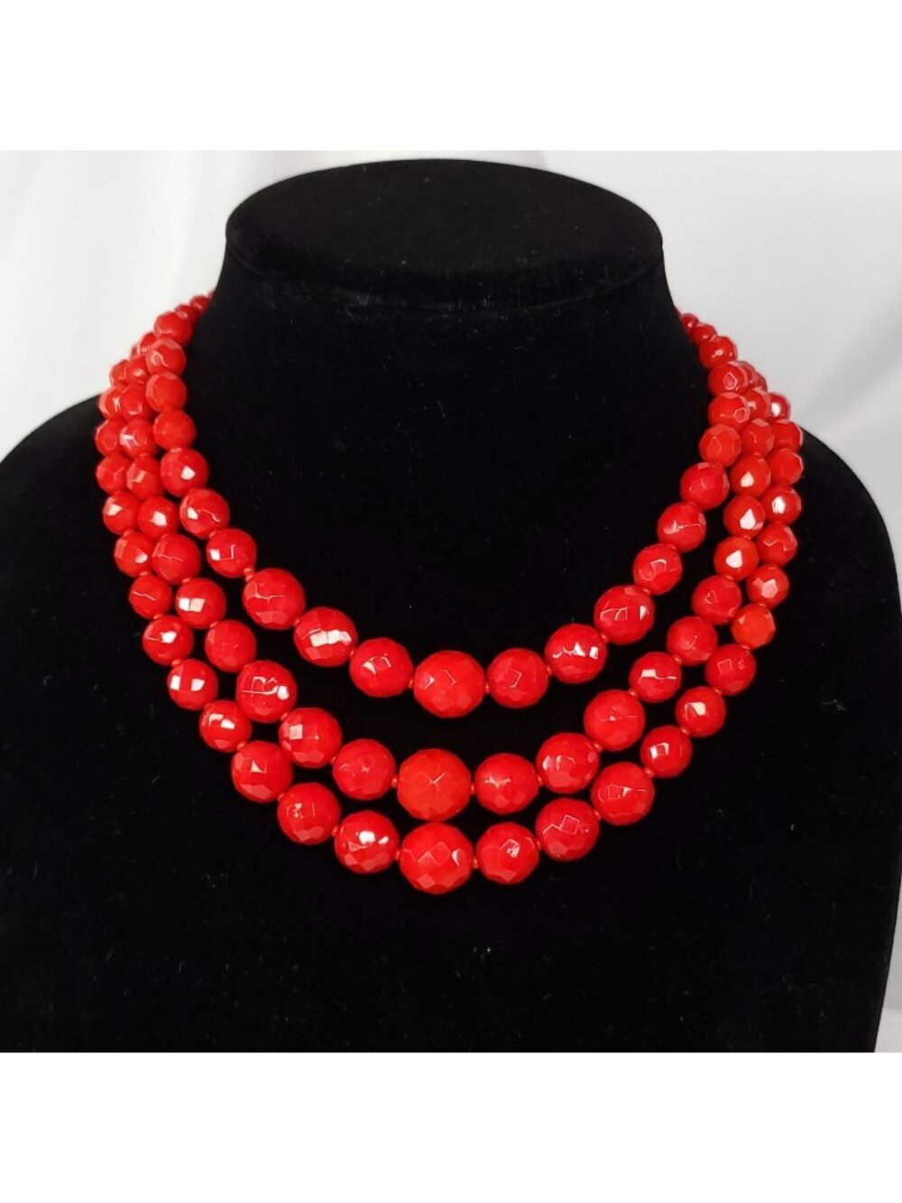 Vintage Multi-Strand Red Glass Beaded Necklace Faceted With Gold Clasp